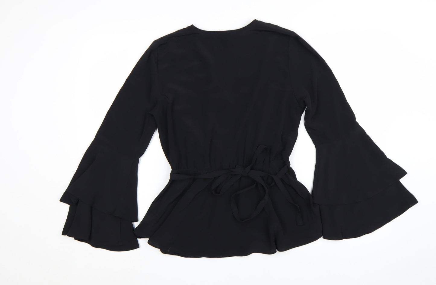 River Island Womens Black Wrap Blouse Size 10 Long Flared Sleeve