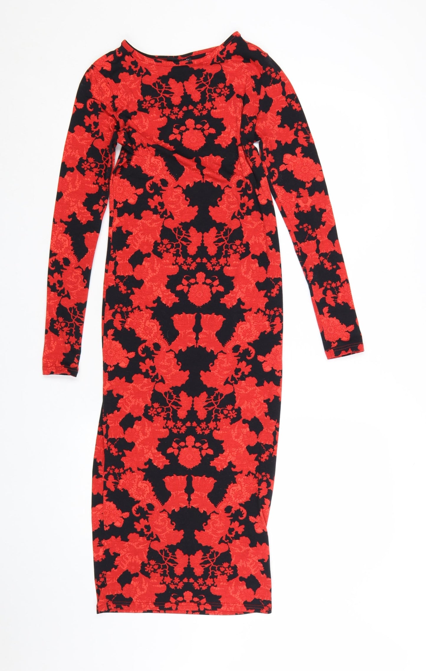 Topshop Women’s Red Floral Bodycon Dress Size 8 Long Sleeve