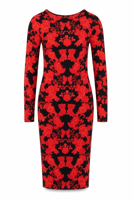 Topshop Women’s Red Floral Bodycon Dress Size 8 Long Sleeve