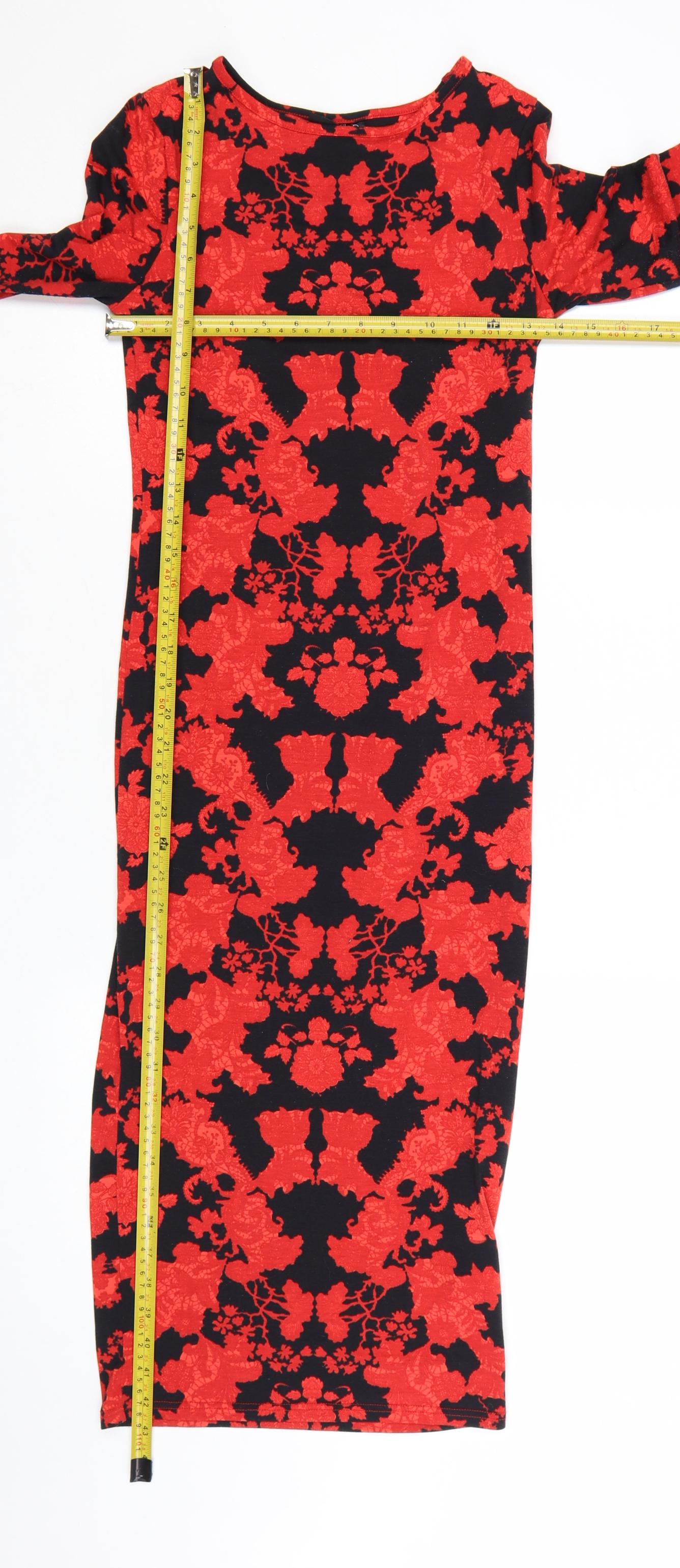 Topshop Women’s Red Floral Bodycon Dress Size 8 Long Sleeve