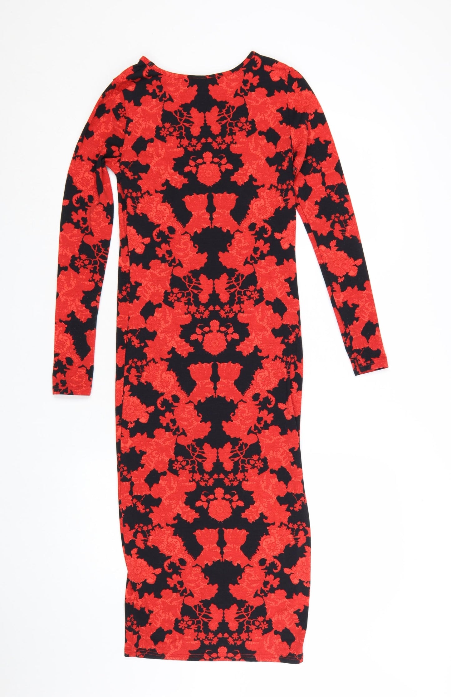 Topshop Women’s Red Floral Bodycon Dress Size 8 Long Sleeve