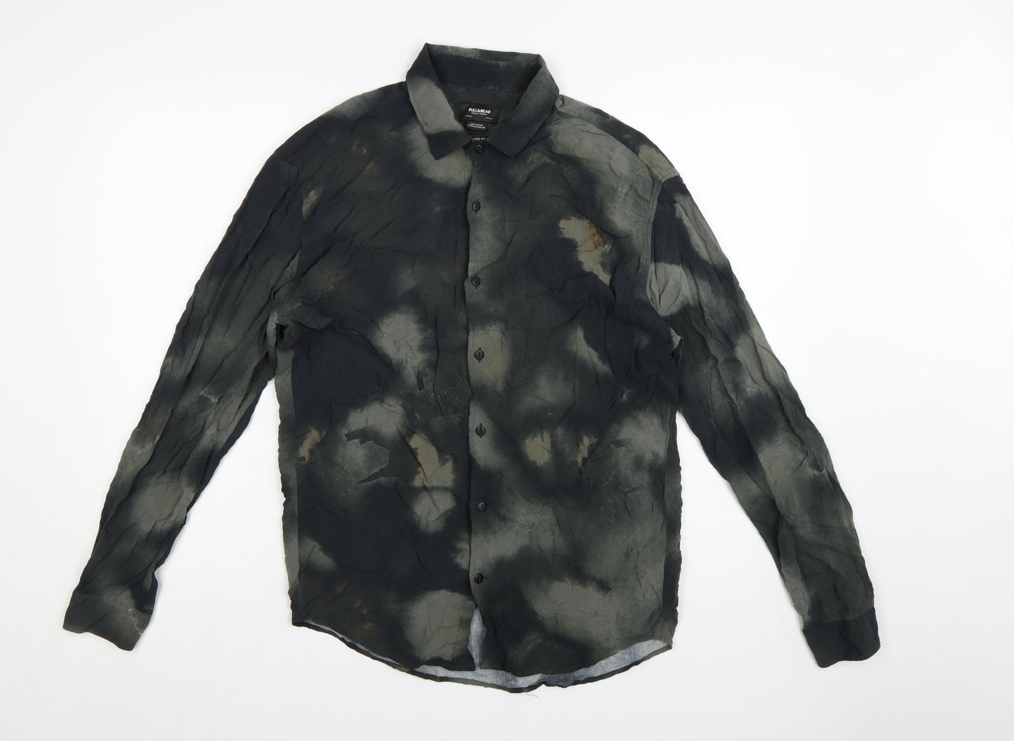 Pull & Bear Men's Green Tie-Dye Relaxed Fit Viscose Shirt M