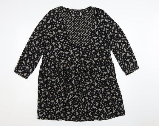 Zara Women Black Floral Skater Dress Size 14 Viscose