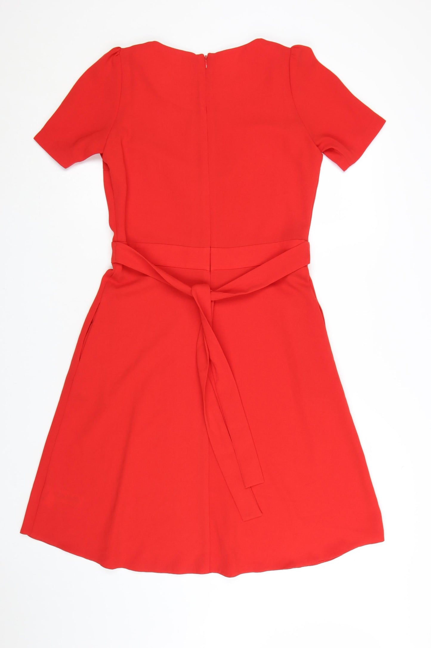 Next Women Red A-Line Short Sleeve Belted Knee Length Dress Size 6