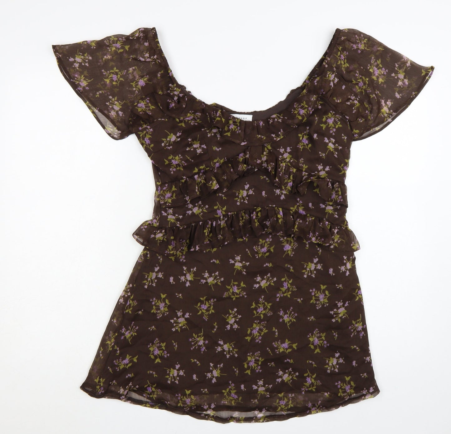 Topshop Women’s Brown Floral Ruffle Fit & Flare Short Dress Size 10