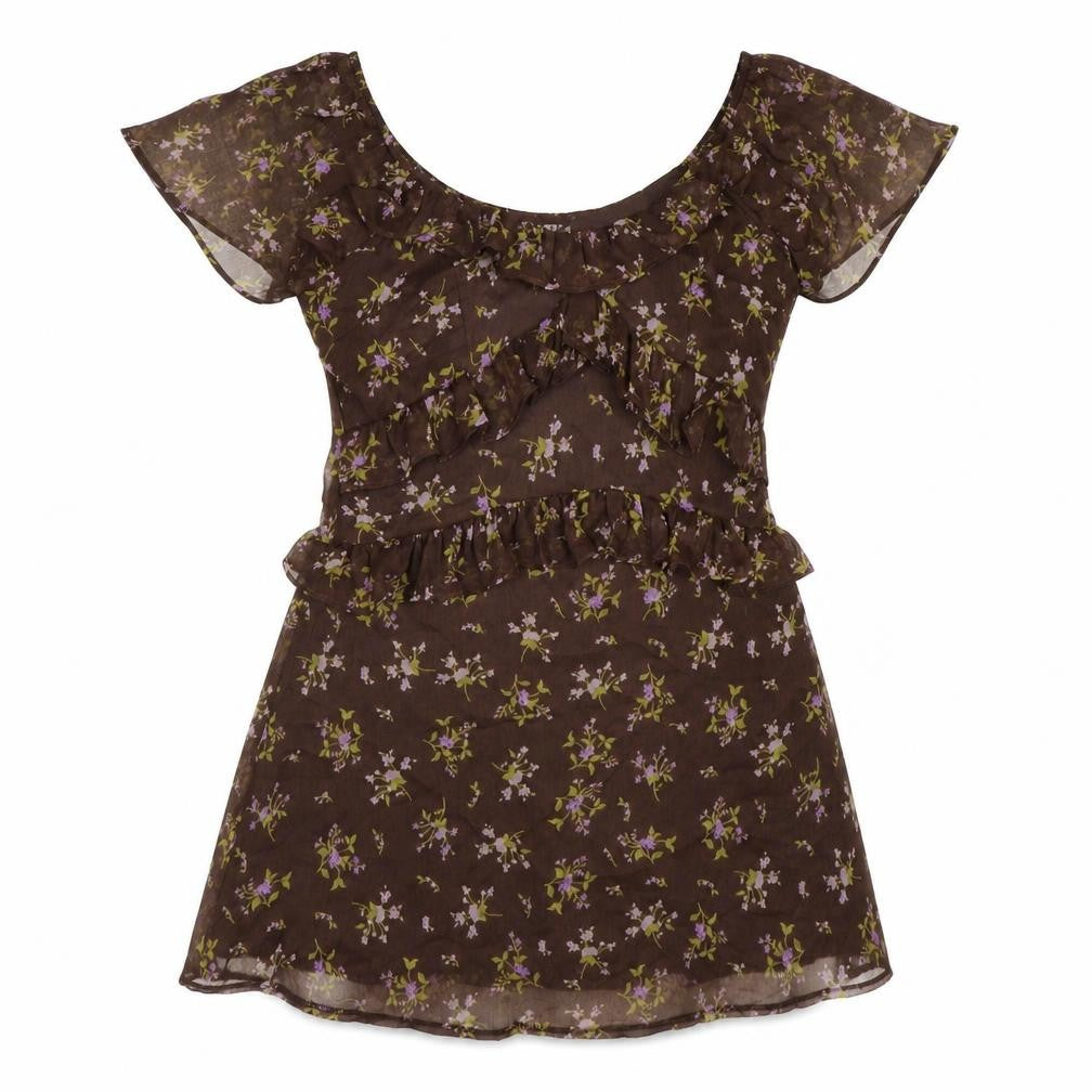 Topshop Women’s Brown Floral Ruffle Fit & Flare Short Dress Size 10