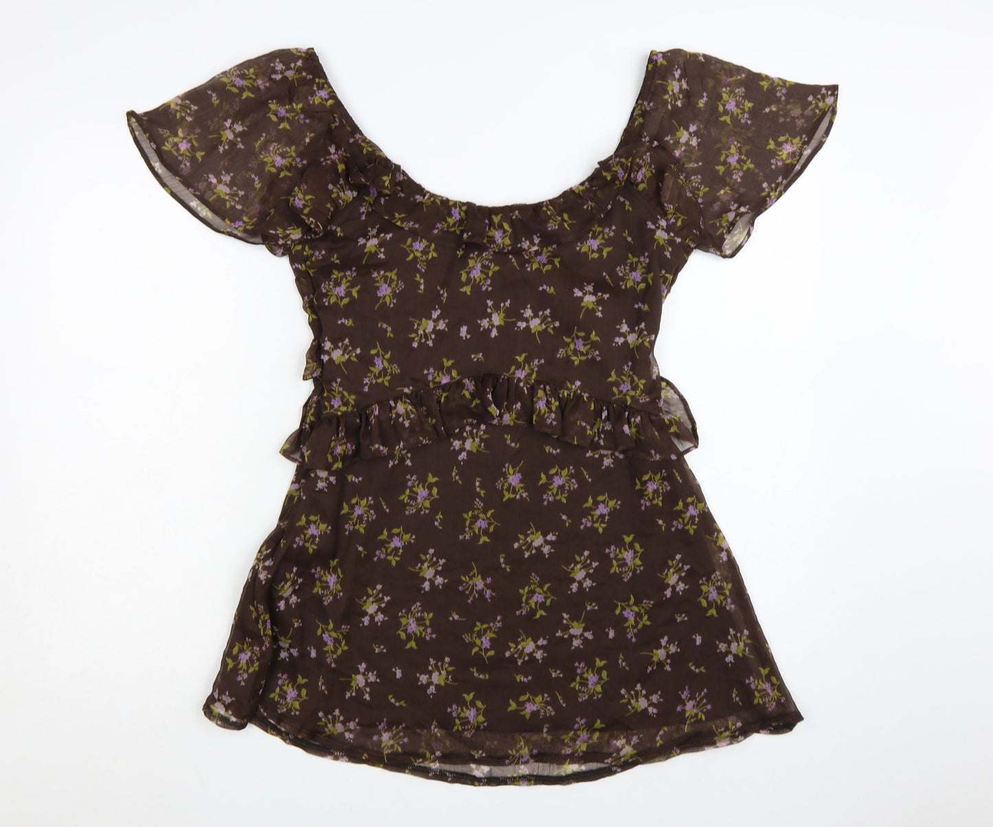 Topshop Women’s Brown Floral Ruffle Fit & Flare Short Dress Size 10
