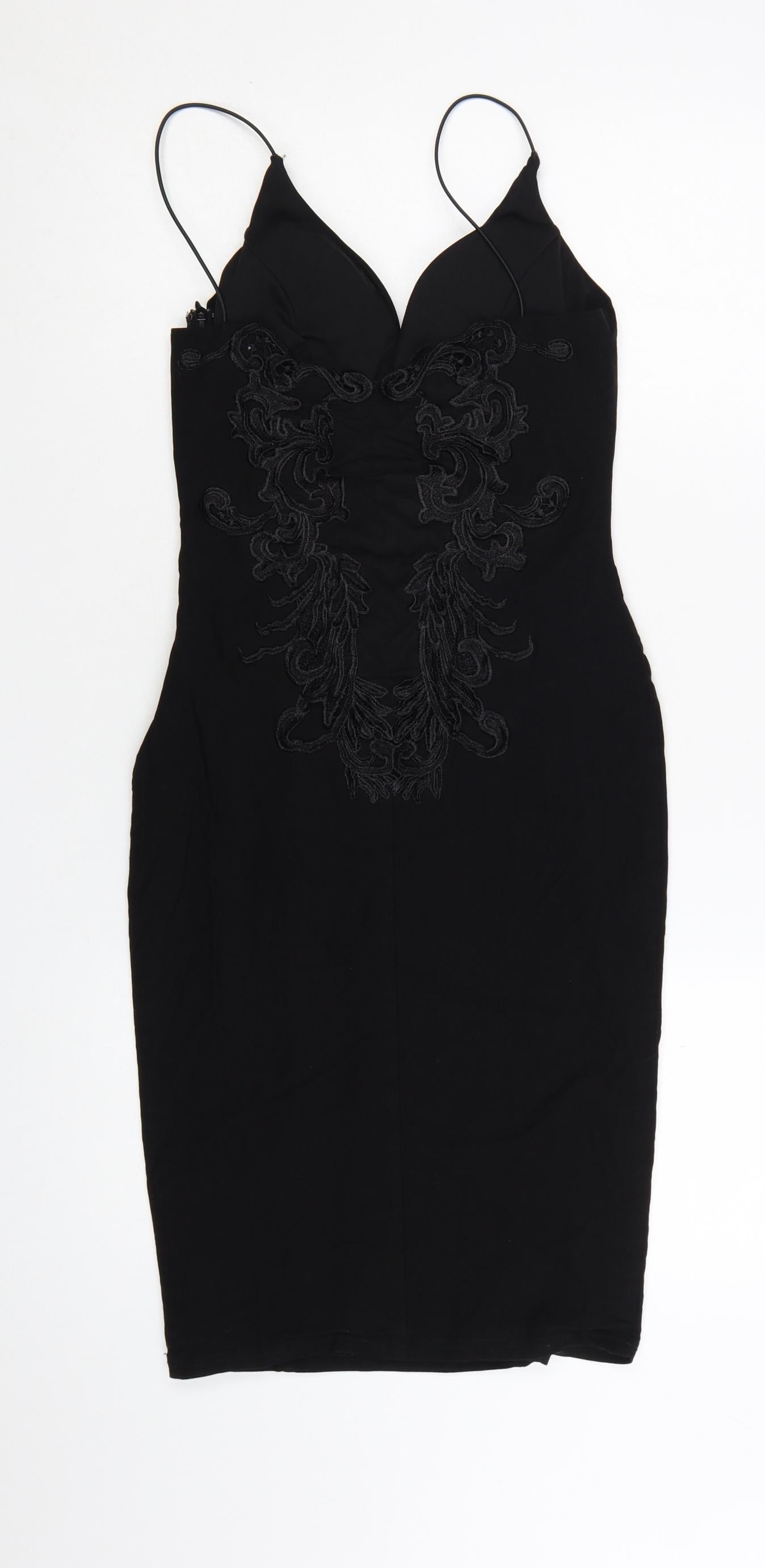 Rare London Women’s Black Bodycon Embroidered Dress UK 10