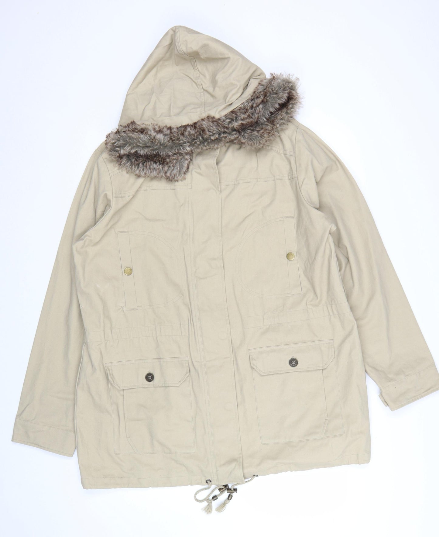 Cotton Traders Women’s Beige Parka Coat Size 18 Hooded Faux Fur Trim