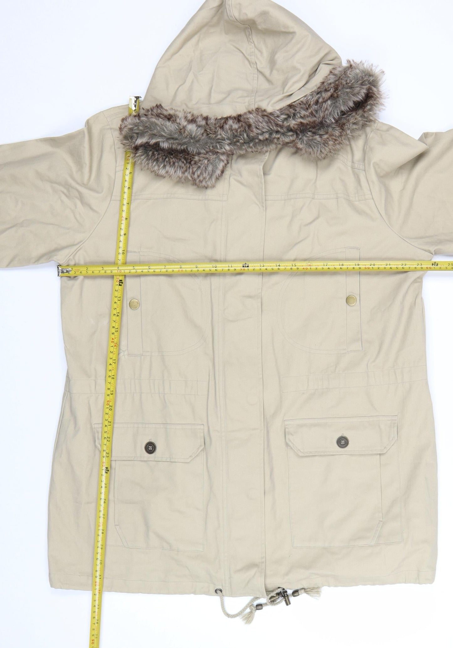Cotton Traders Women’s Beige Parka Coat Size 18 Hooded Faux Fur Trim