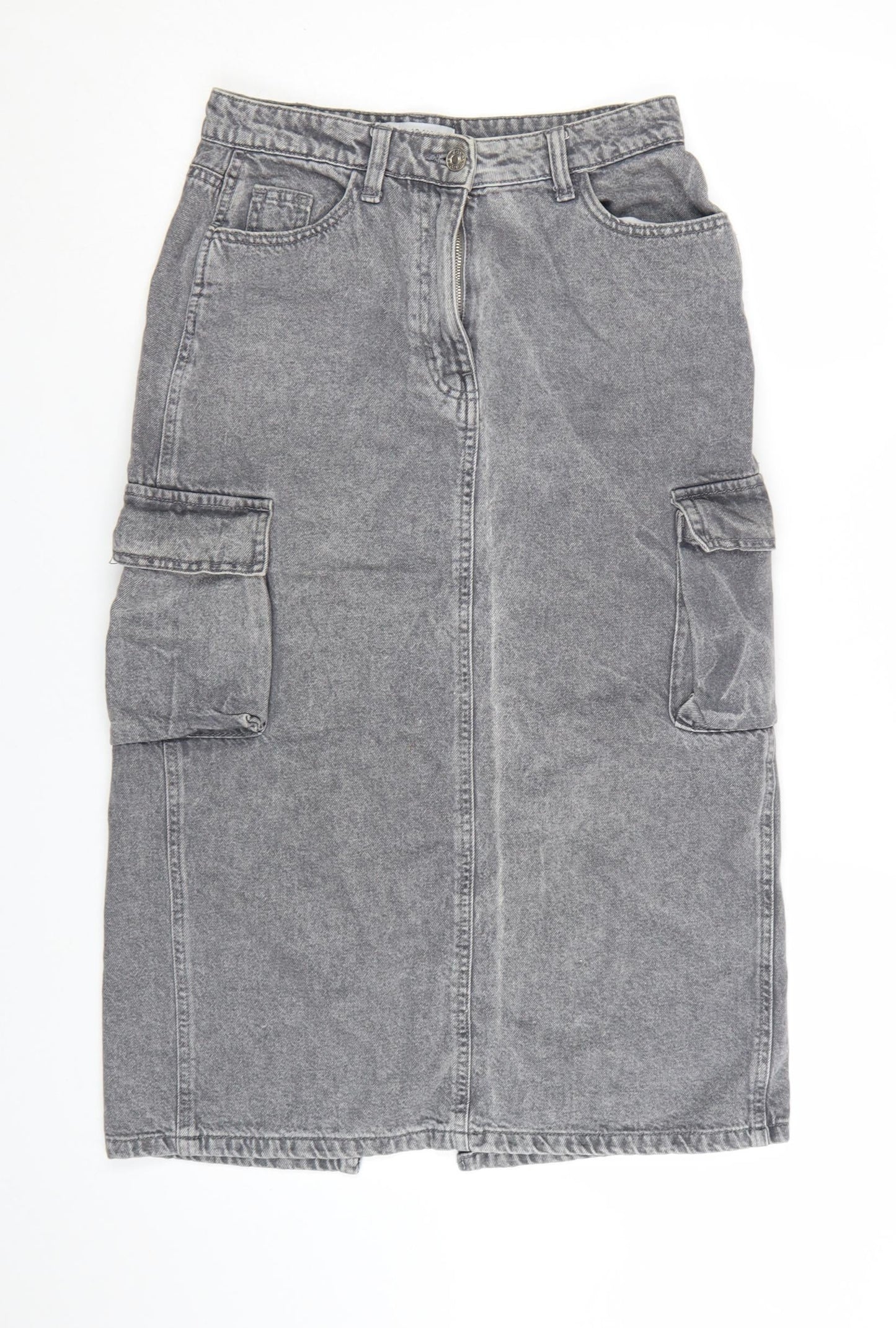Primark Womens Grey Denim Cargo Midi Skirt Size 8