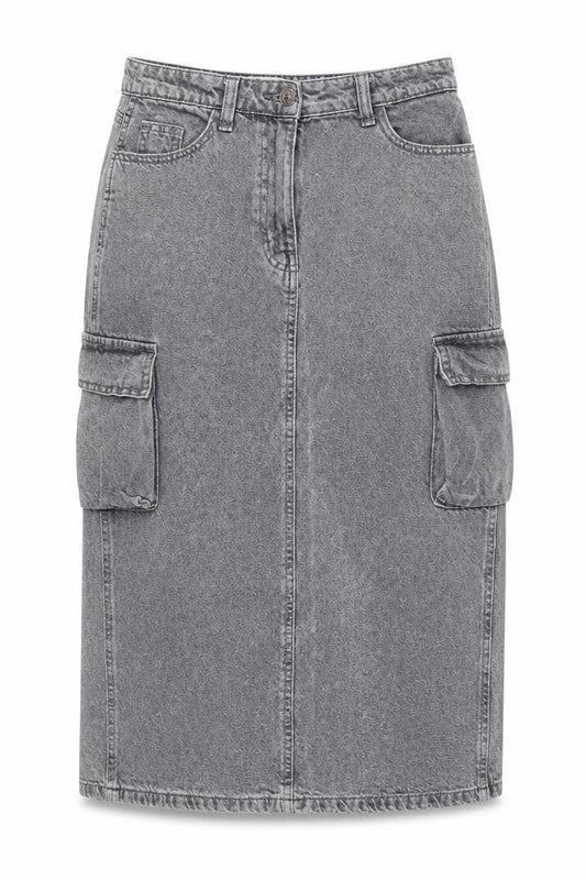 Primark Womens Grey Denim Cargo Midi Skirt Size 8