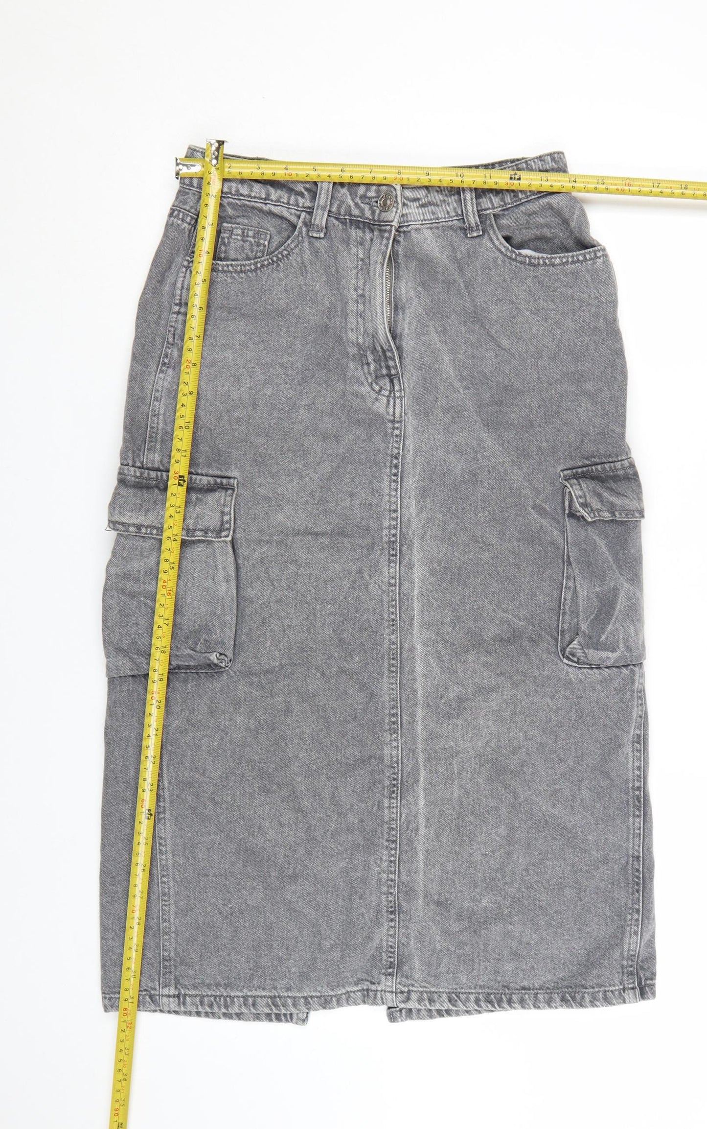 Primark Womens Grey Denim Cargo Midi Skirt Size 8