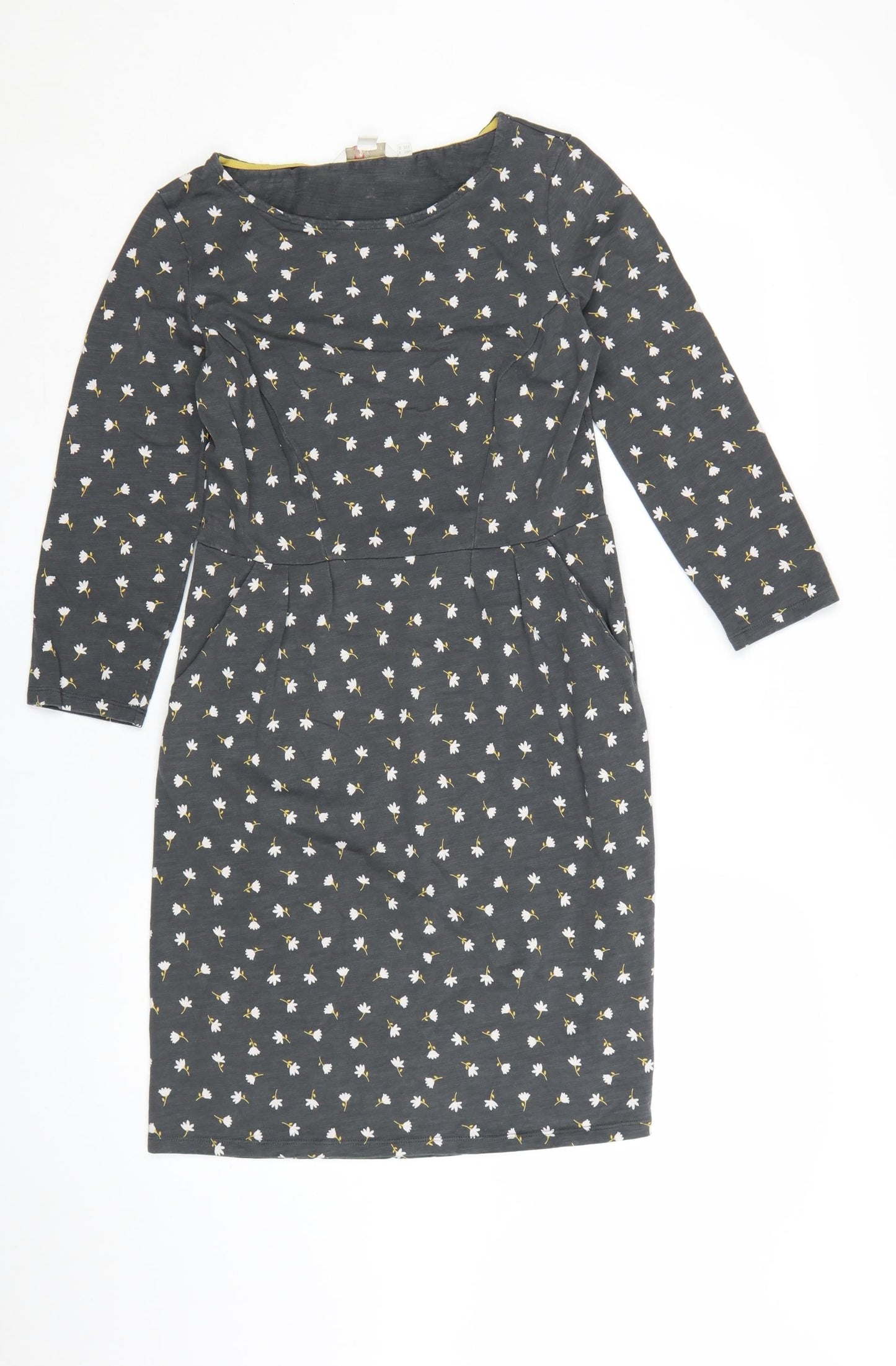 Boden Women’s Grey Floral Cotton Shift Dress UK 10P 3/4 Sleeve