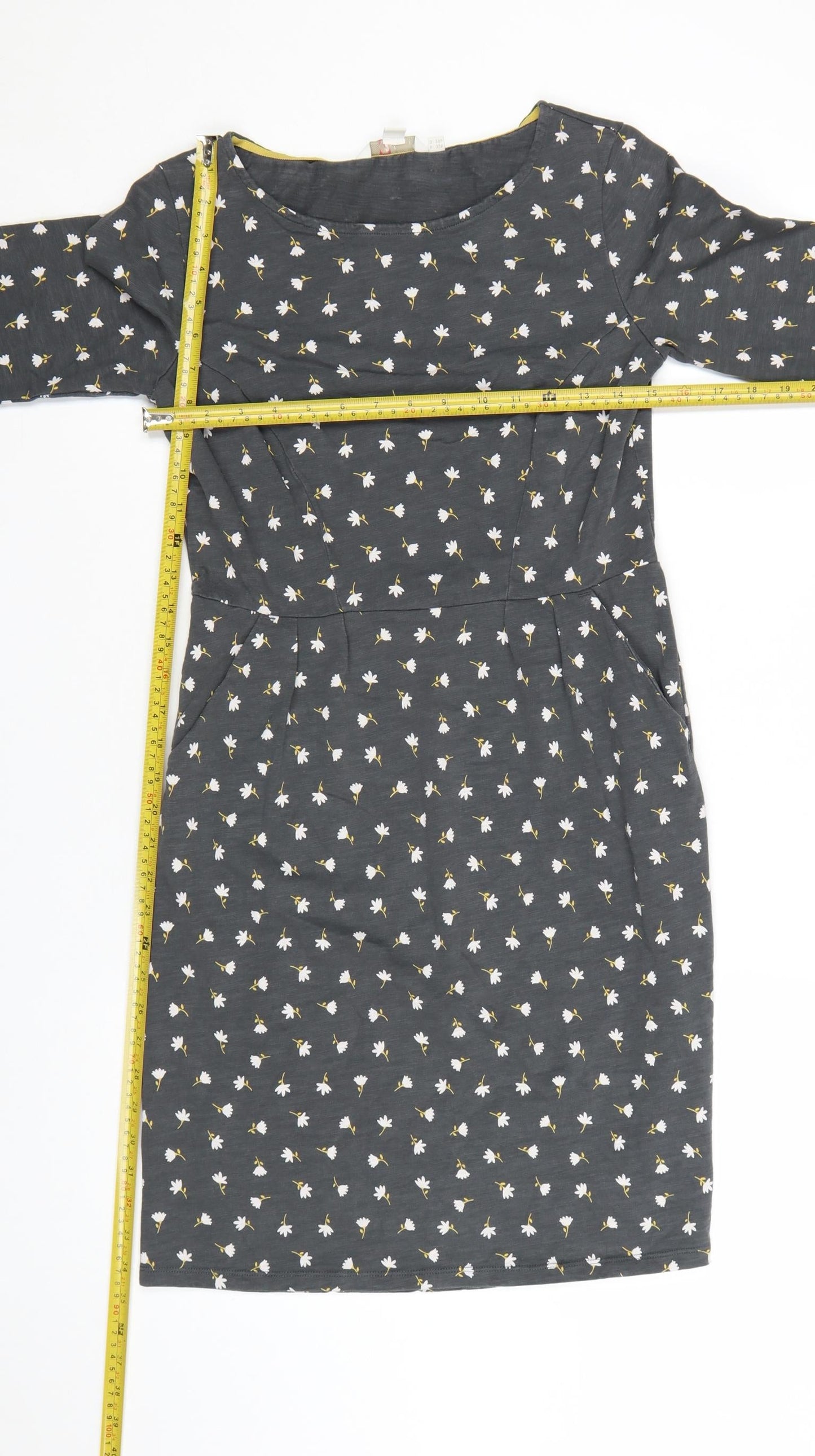 Boden Women’s Grey Floral Cotton Shift Dress UK 10P 3/4 Sleeve