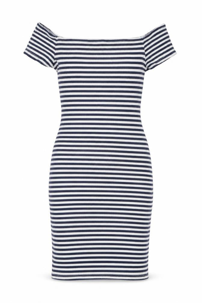 Bershka Womens Blue Striped Off Shoulder Bodycon Dress Size S