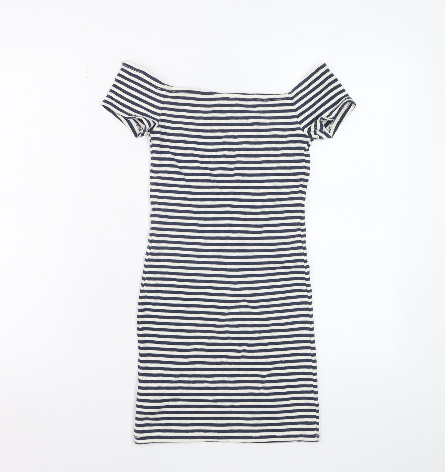 Bershka Womens Blue Striped Off Shoulder Bodycon Dress Size S