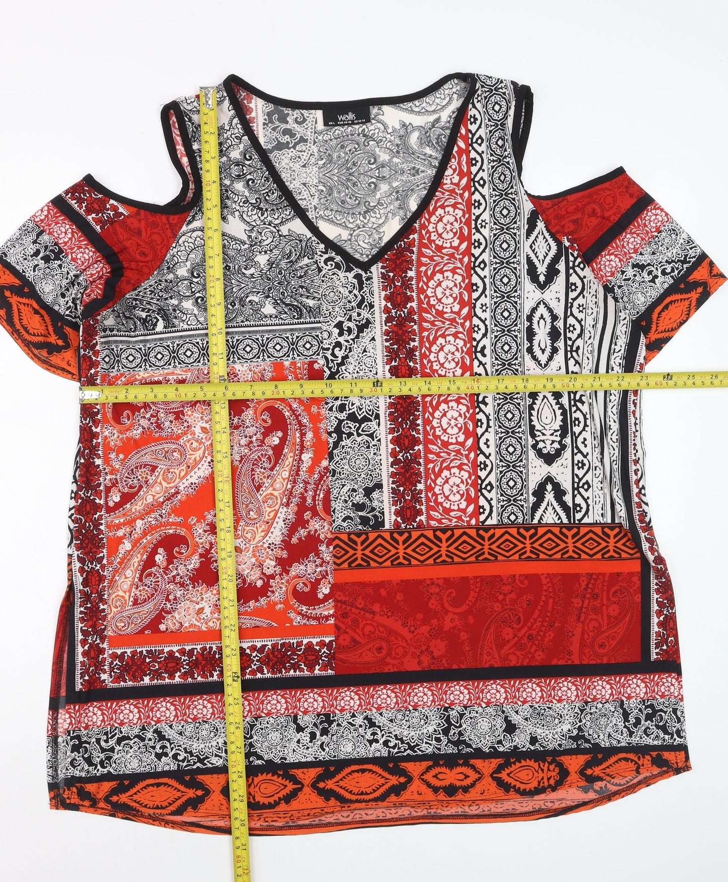 Wallis Womens Red Black Paisley Cold Shoulder V-Neck Top Size L
