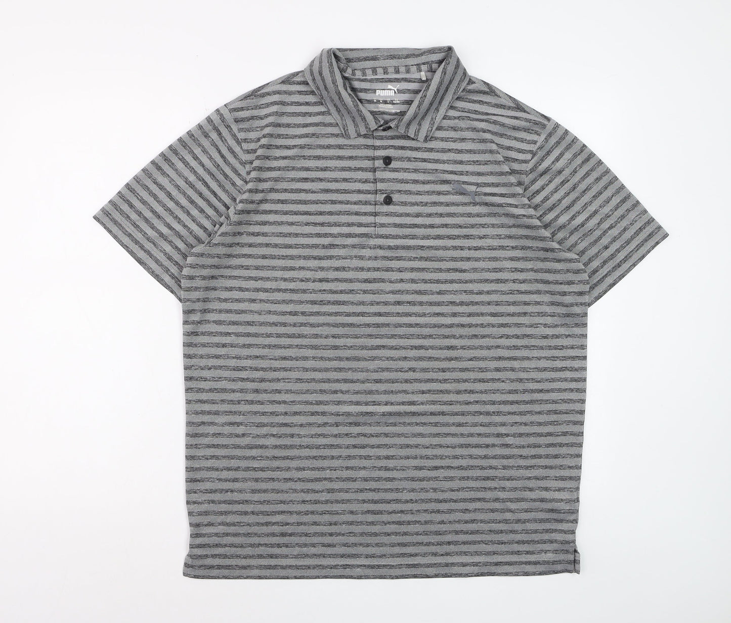 Puma Men’s Grey Striped Golf Polo Shirt Size L Quick Dry Performance
