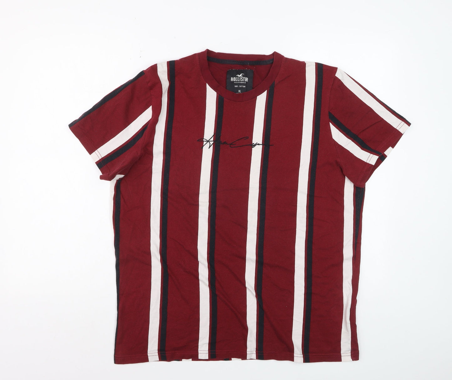 Hollister Men's Red Striped Cotton Crew Neck T-Shirt XL