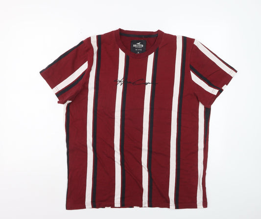 Hollister Men's Red Striped Cotton Crew Neck T-Shirt XL