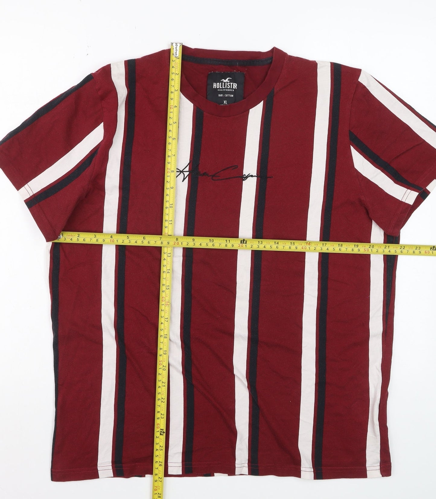 Hollister Men's Red Striped Cotton Crew Neck T-Shirt XL