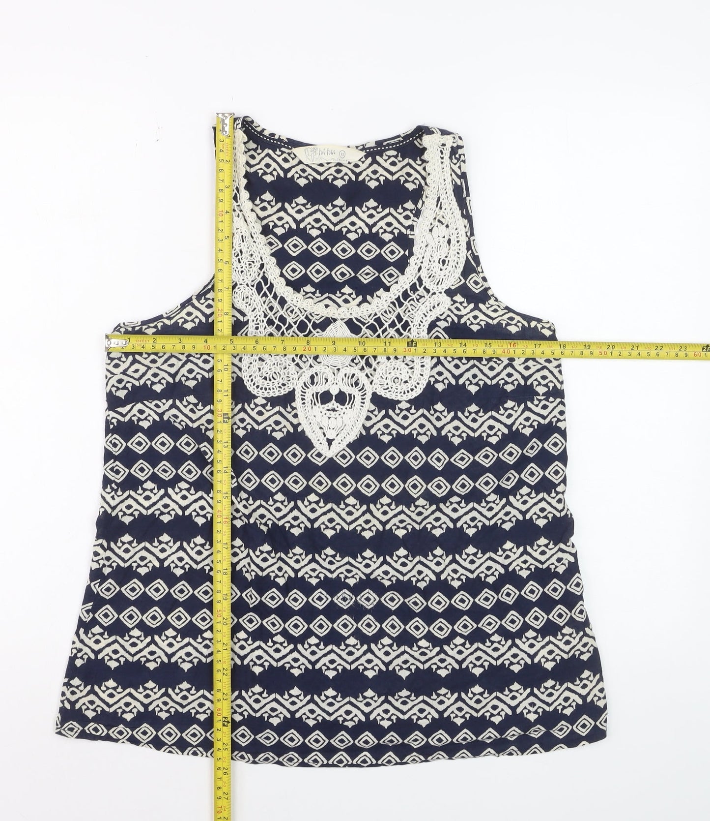Fat Face Women's Blue Geometric Crochet Cotton Sleeveless Tank Top Size 12