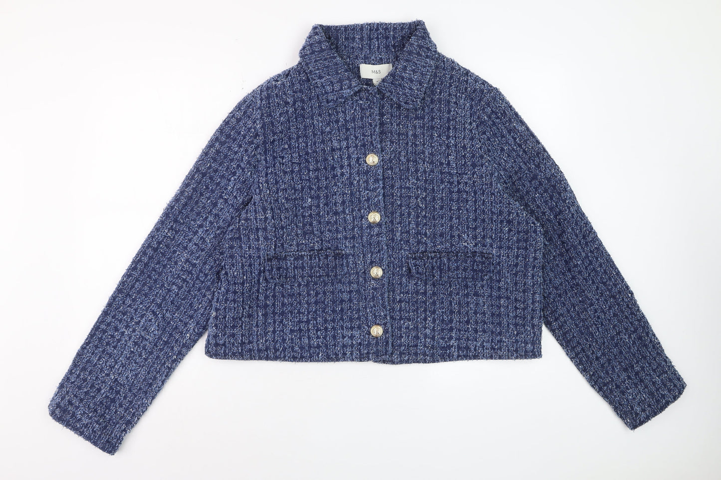 Marks and Spencer Womens Blue Cotton Cropped Tweed Jacket Size 16