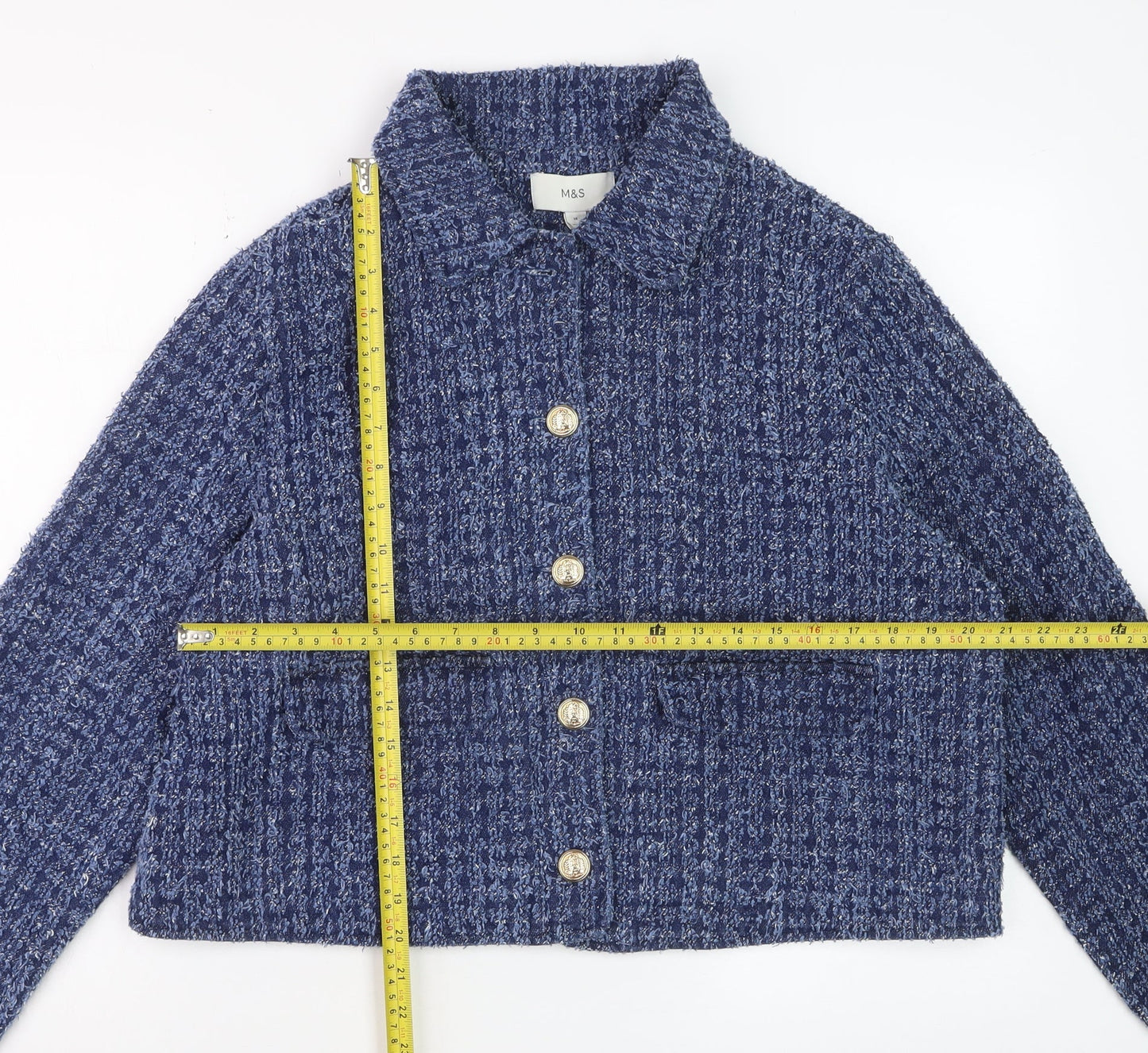 Marks and Spencer Womens Blue Cotton Cropped Tweed Jacket Size 16