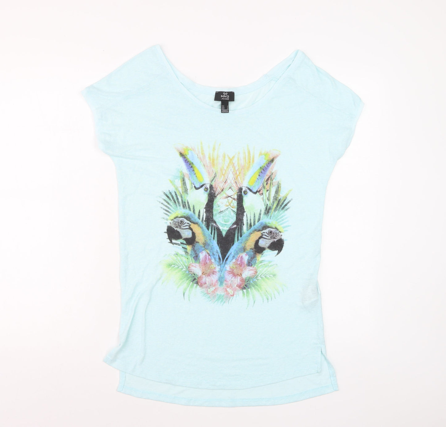 MNG Women Blue Tropical Parrot Print Linen Blend T-Shirt Size 12