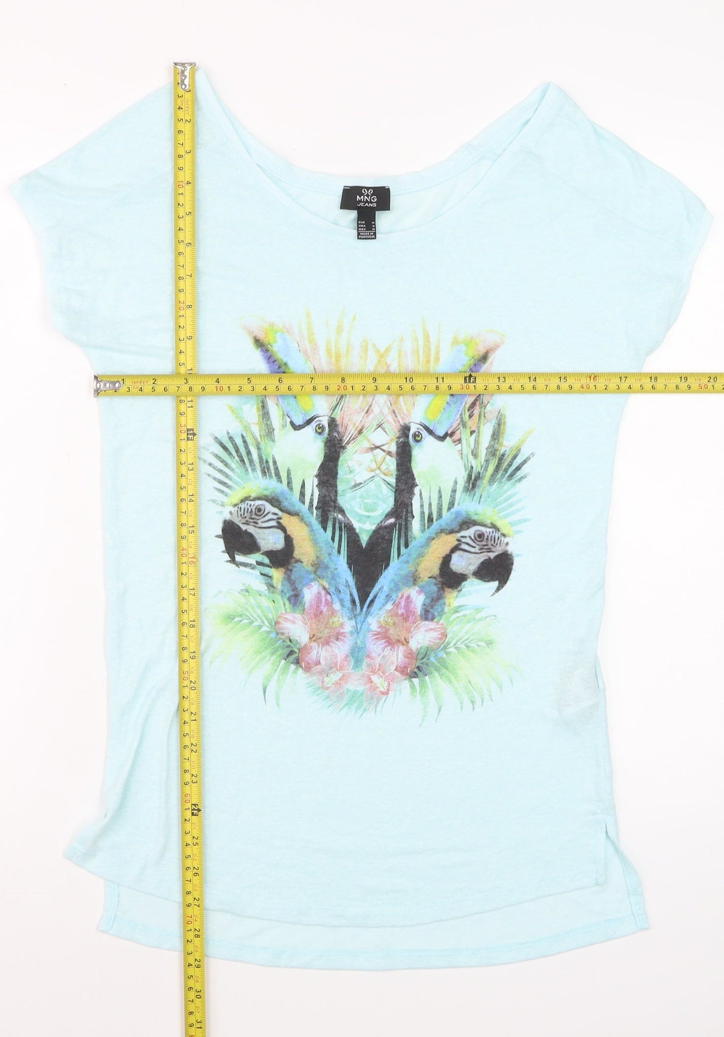 MNG Women Blue Tropical Parrot Print Linen Blend T-Shirt Size 12