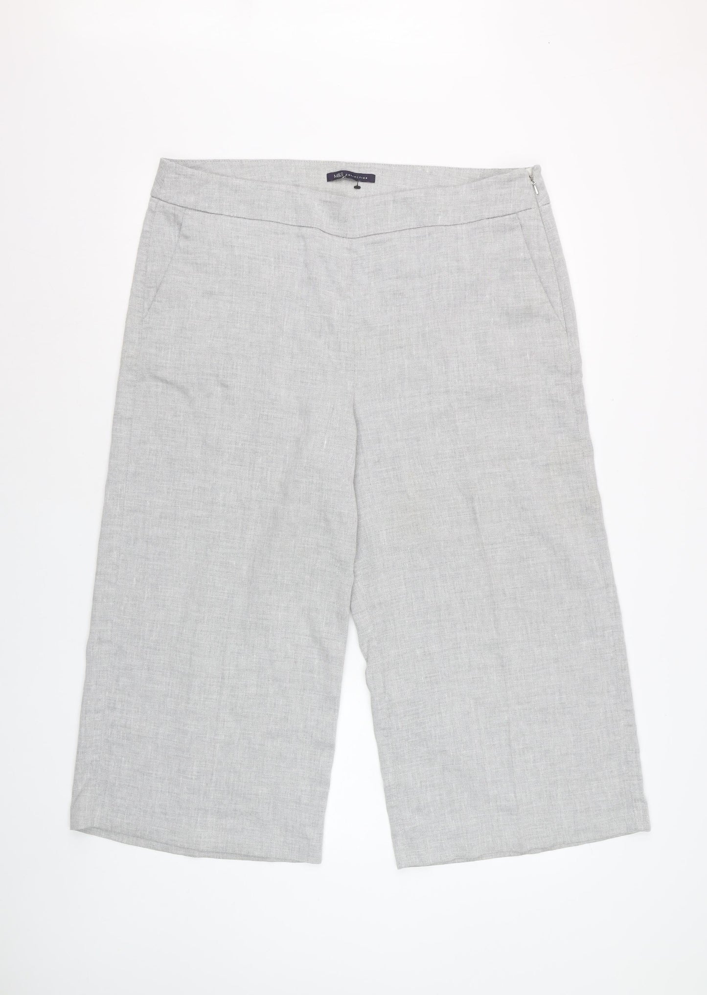 Marks and Spencer Women Grey Linen Blend Cropped Wide-Leg Trousers UK 18