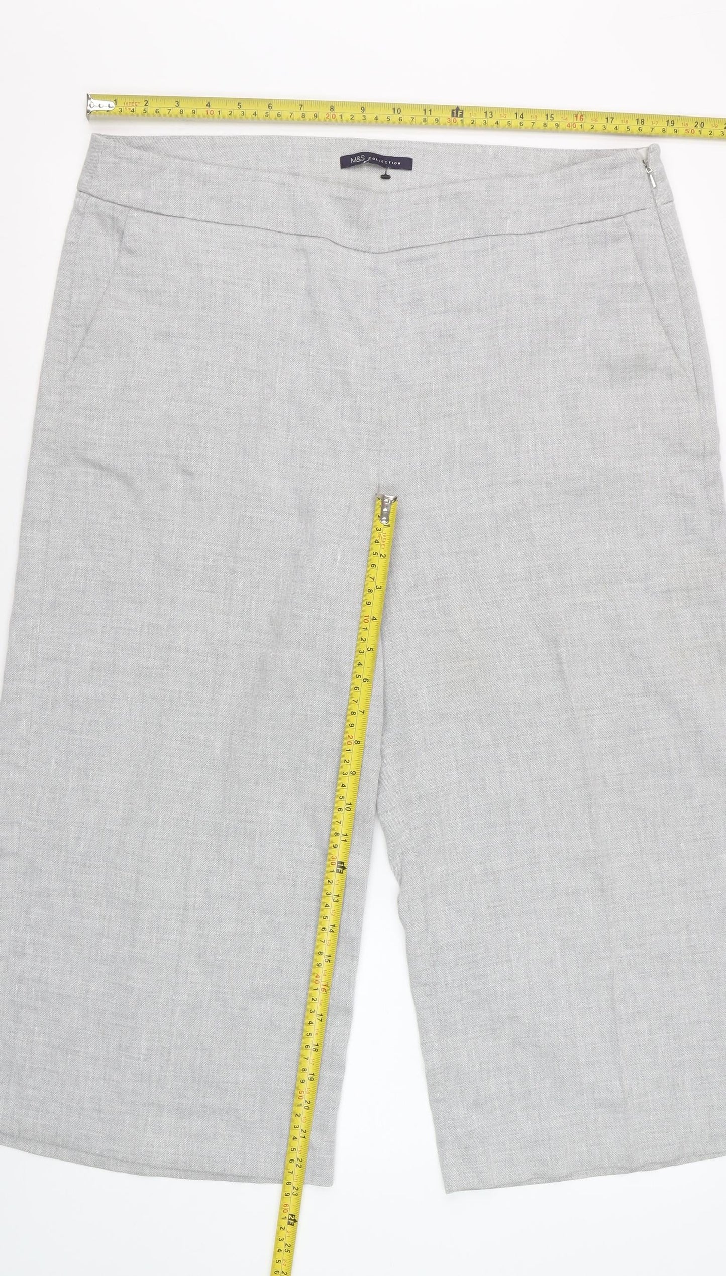 Marks and Spencer Women Grey Linen Blend Cropped Wide-Leg Trousers UK 18