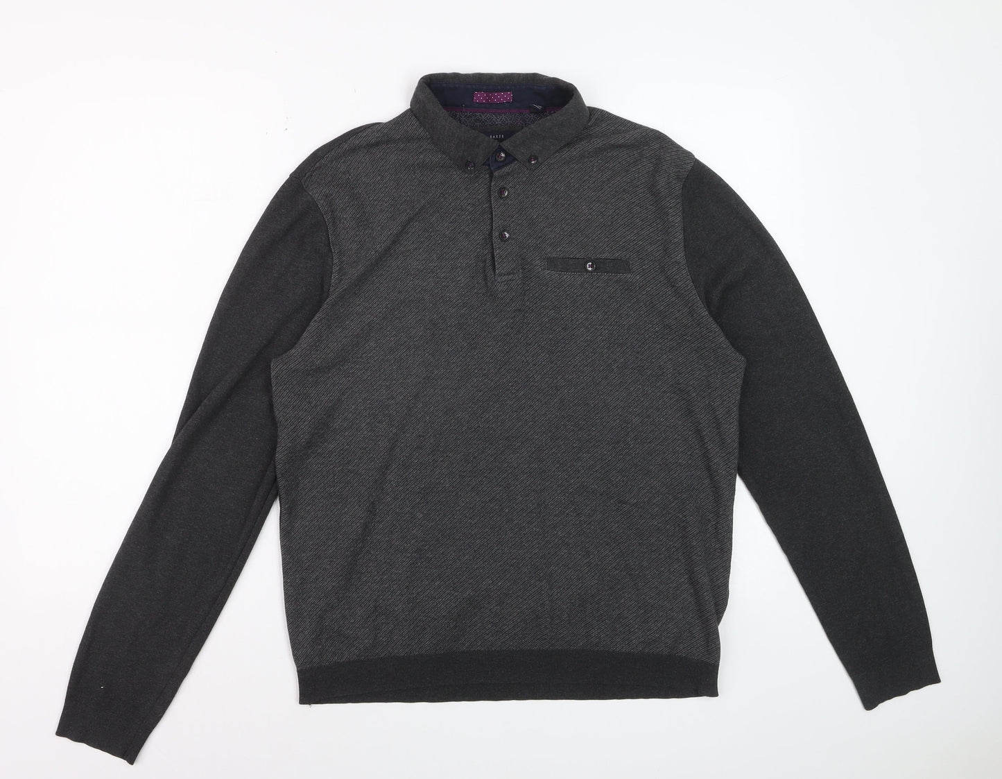 Ted Baker Men’s Grey Long Sleeve Polo Shirt Size L Cotton Blend
