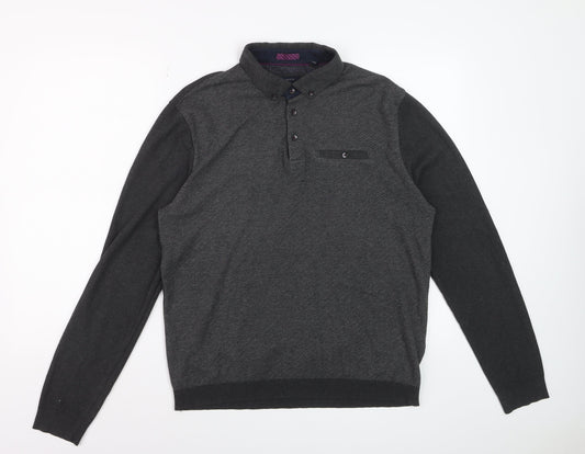 Ted Baker Men’s Grey Long Sleeve Polo Shirt Size L Cotton Blend