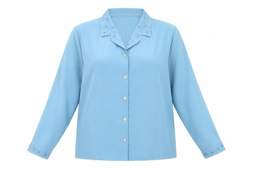 Bonmarché Women Blue Embroidered Collar Long Sleeve Button-Up Blouse Size 22