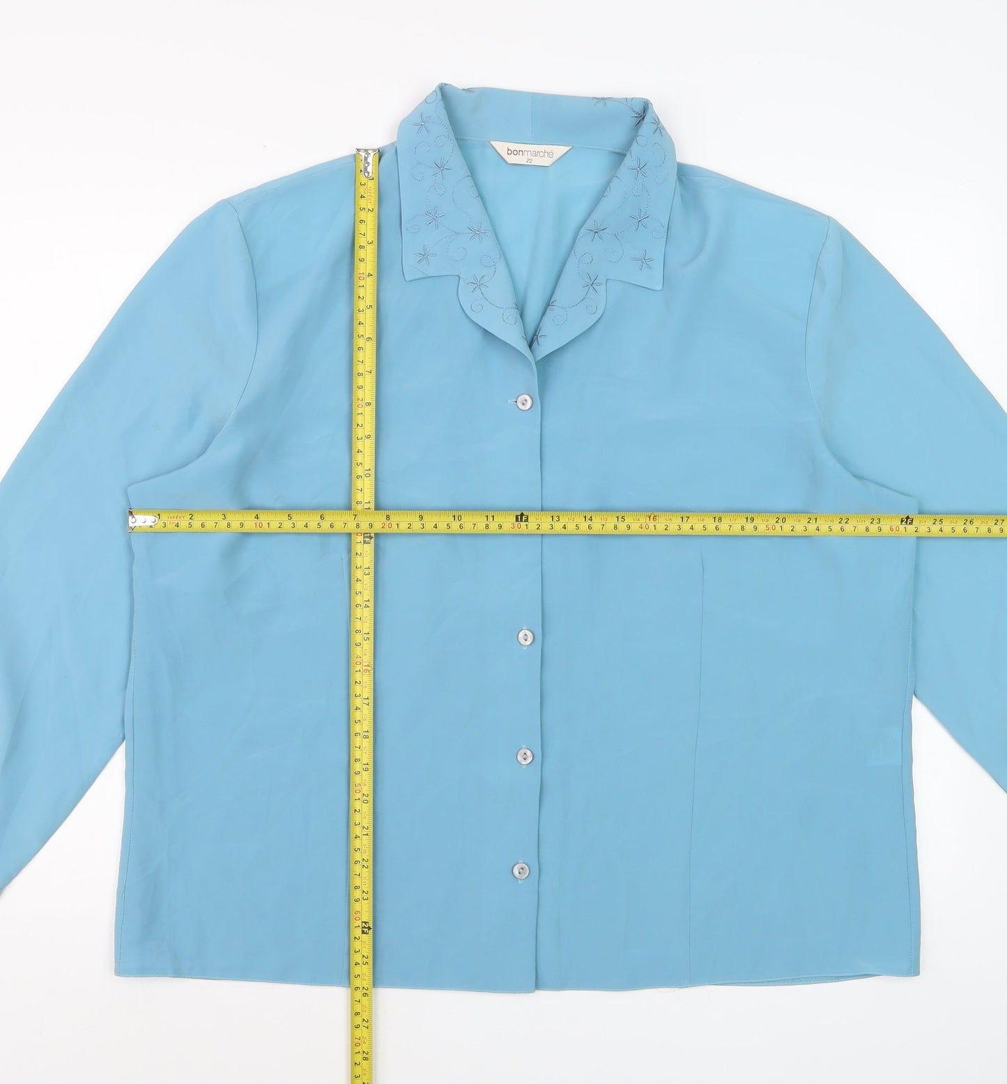 Bonmarché Women Blue Embroidered Collar Long Sleeve Button-Up Blouse Size 22
