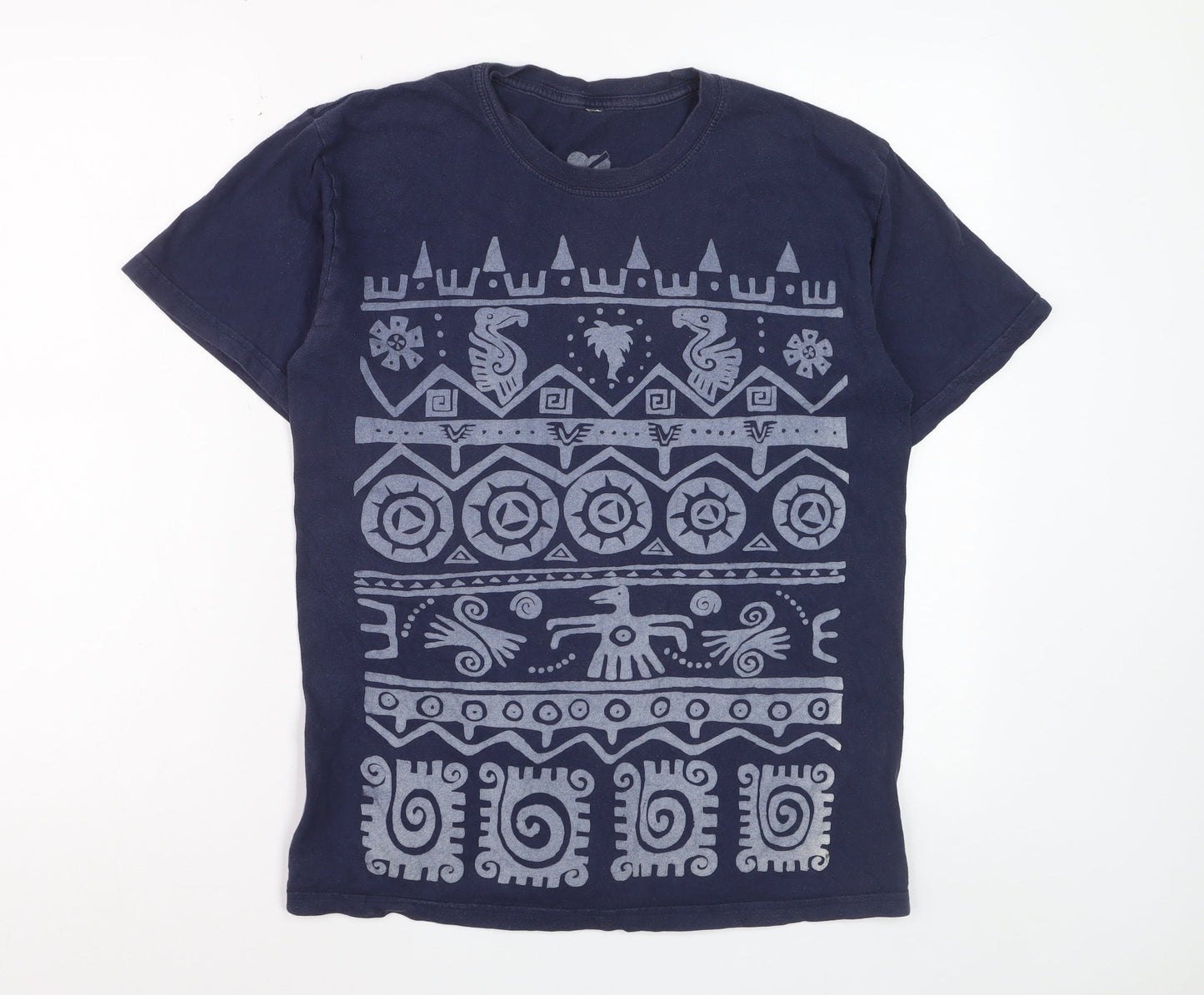 me&yu Mens Blue Aztec Graphic Handprinted Cotton T-Shirt M