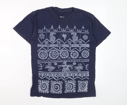 me&yu Mens Blue Aztec Graphic Handprinted Cotton T-Shirt M