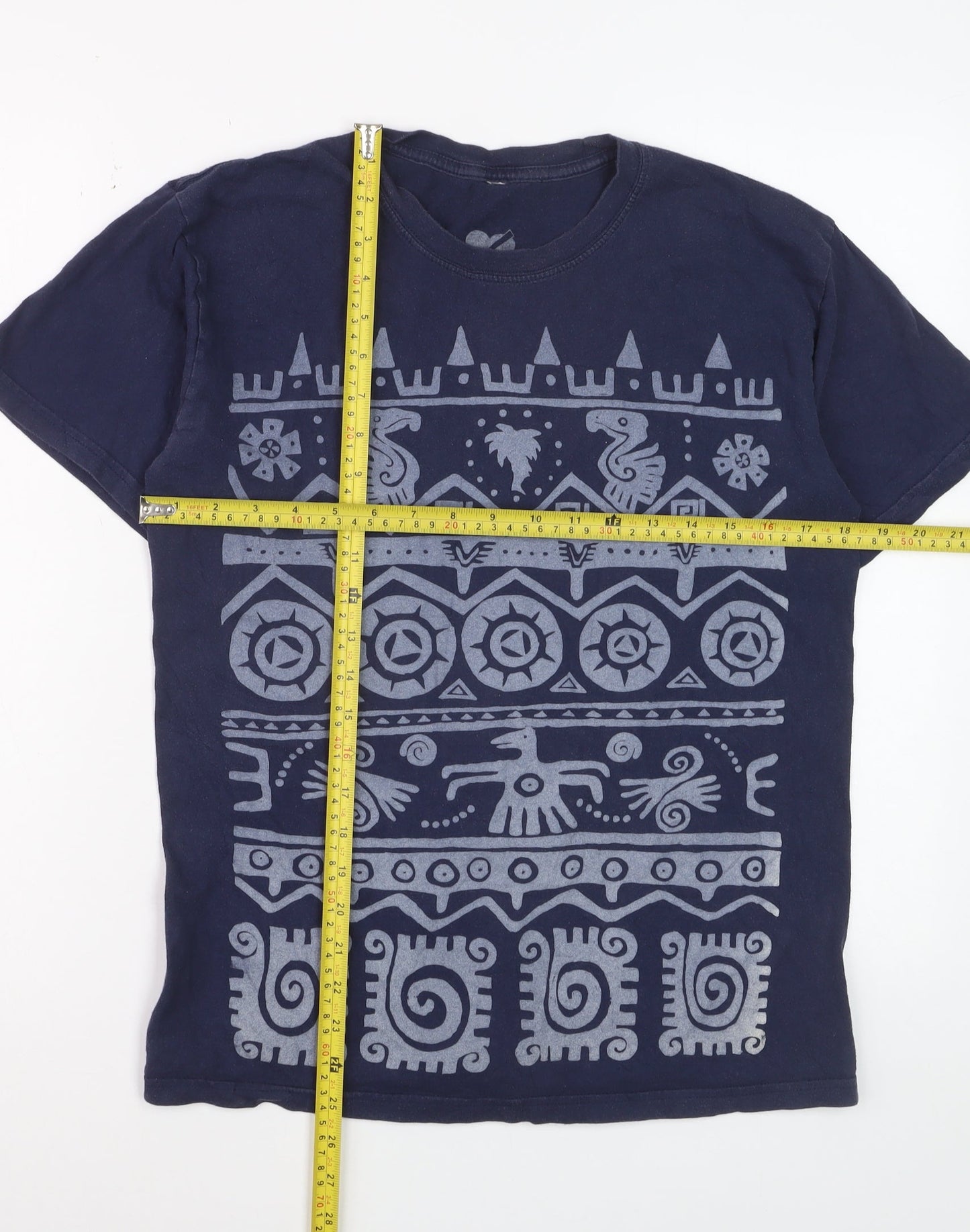 me&yu Mens Blue Aztec Graphic Handprinted Cotton T-Shirt M