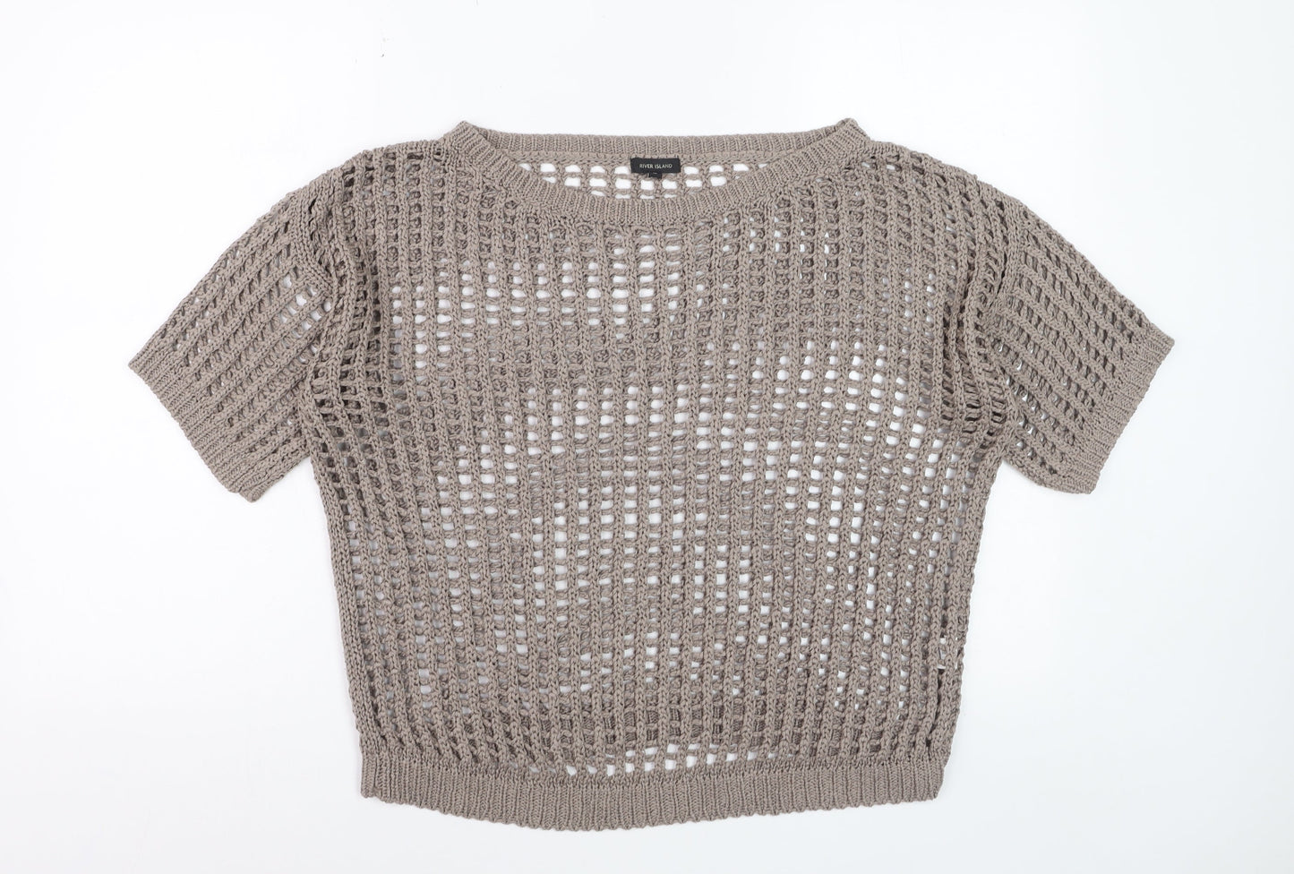 River Island Women Beige Open-Knit Short Sleeve Jumper Size 12