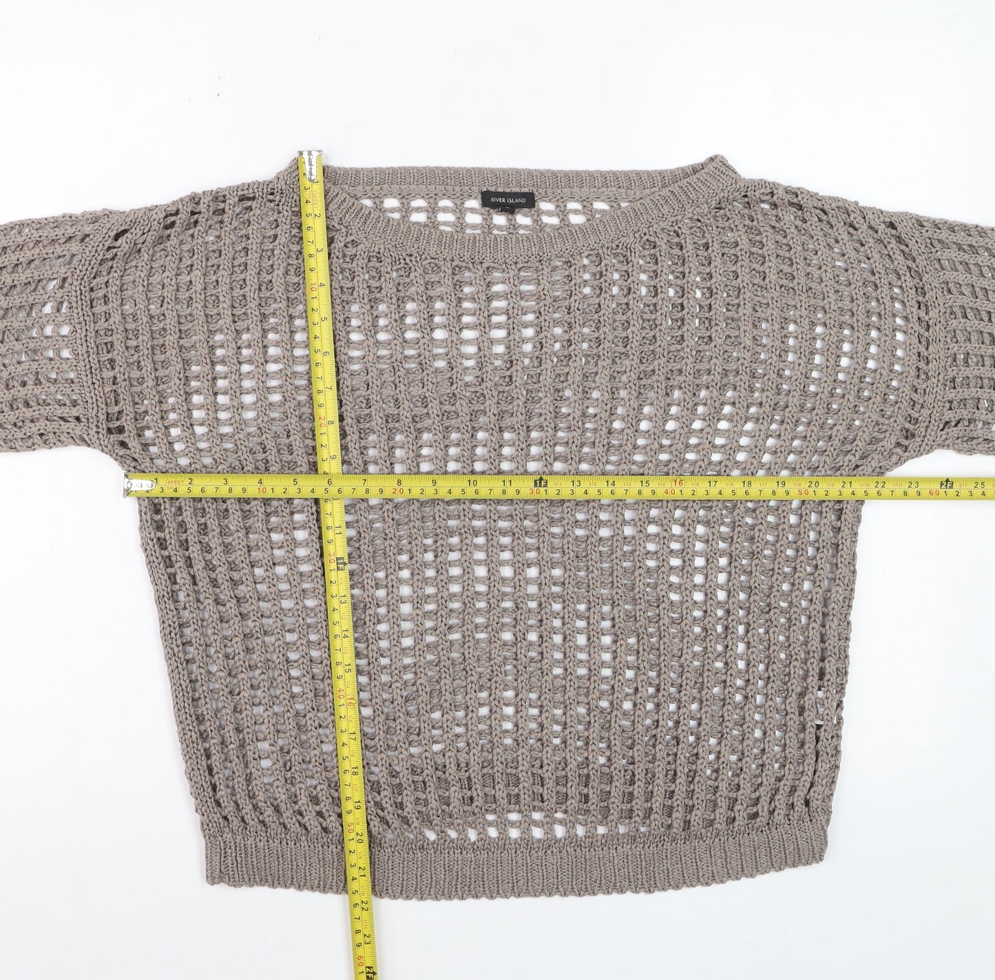 River Island Women Beige Open-Knit Short Sleeve Jumper Size 12