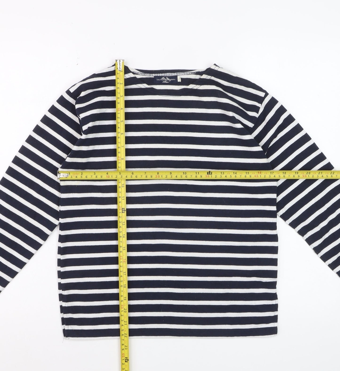 Les Trois Dauphins Women's Blue Striped Cotton Long Sleeve Top Size 12