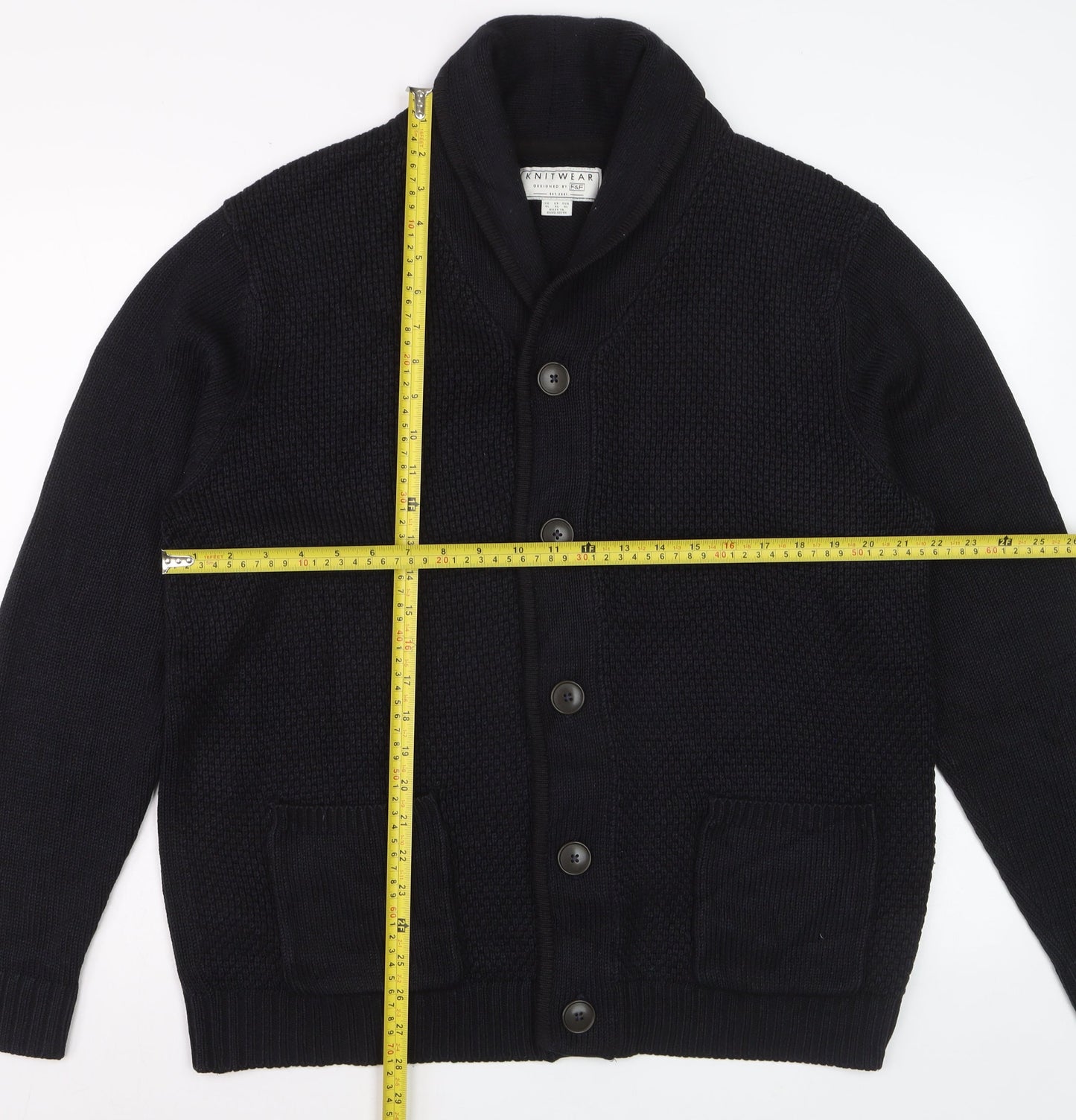 F&F Men's Black XL Chunky Knit Acrylic Cardigan with Pockets