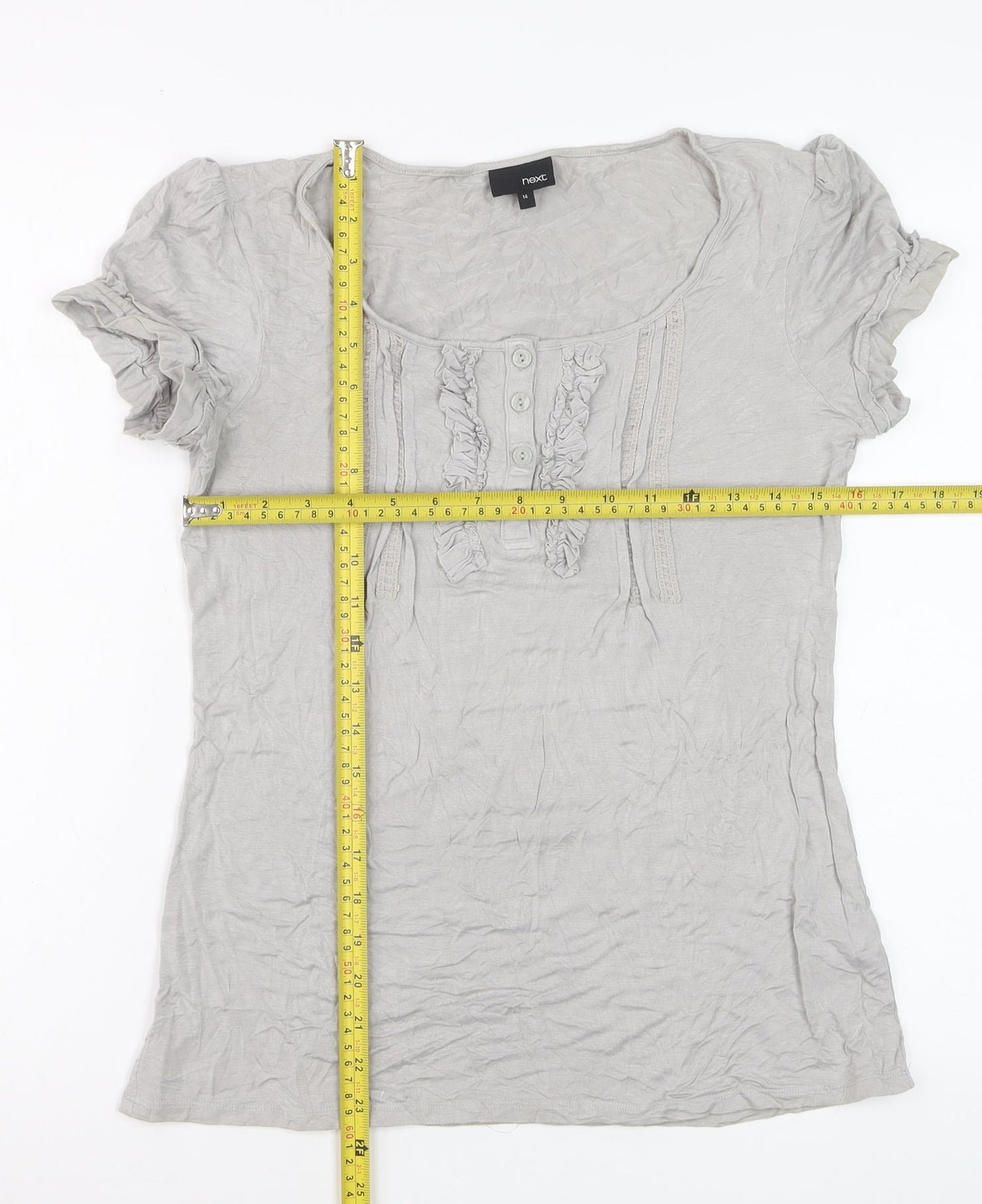 Next Women’s Grey Ruffle Button Jersey T-Shirt Size 14