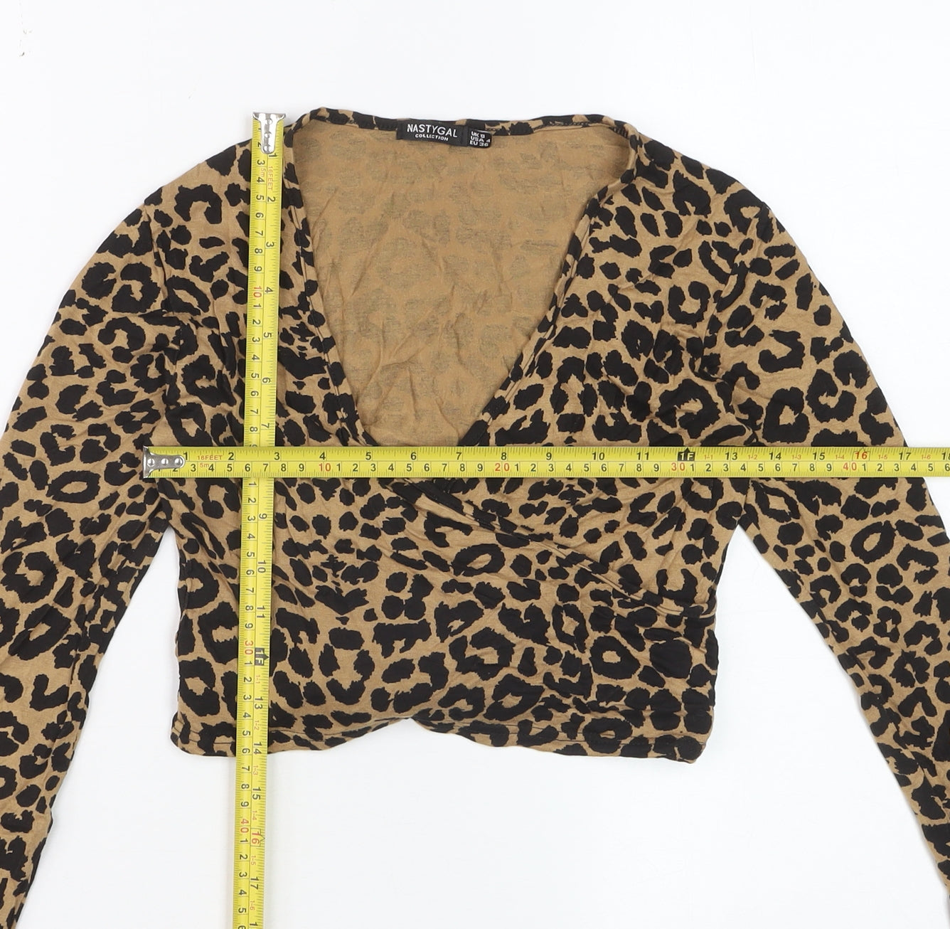 Nasty Gal Women’s Brown Leopard Print Cropped V-Neck Long Sleeve Top Size 8