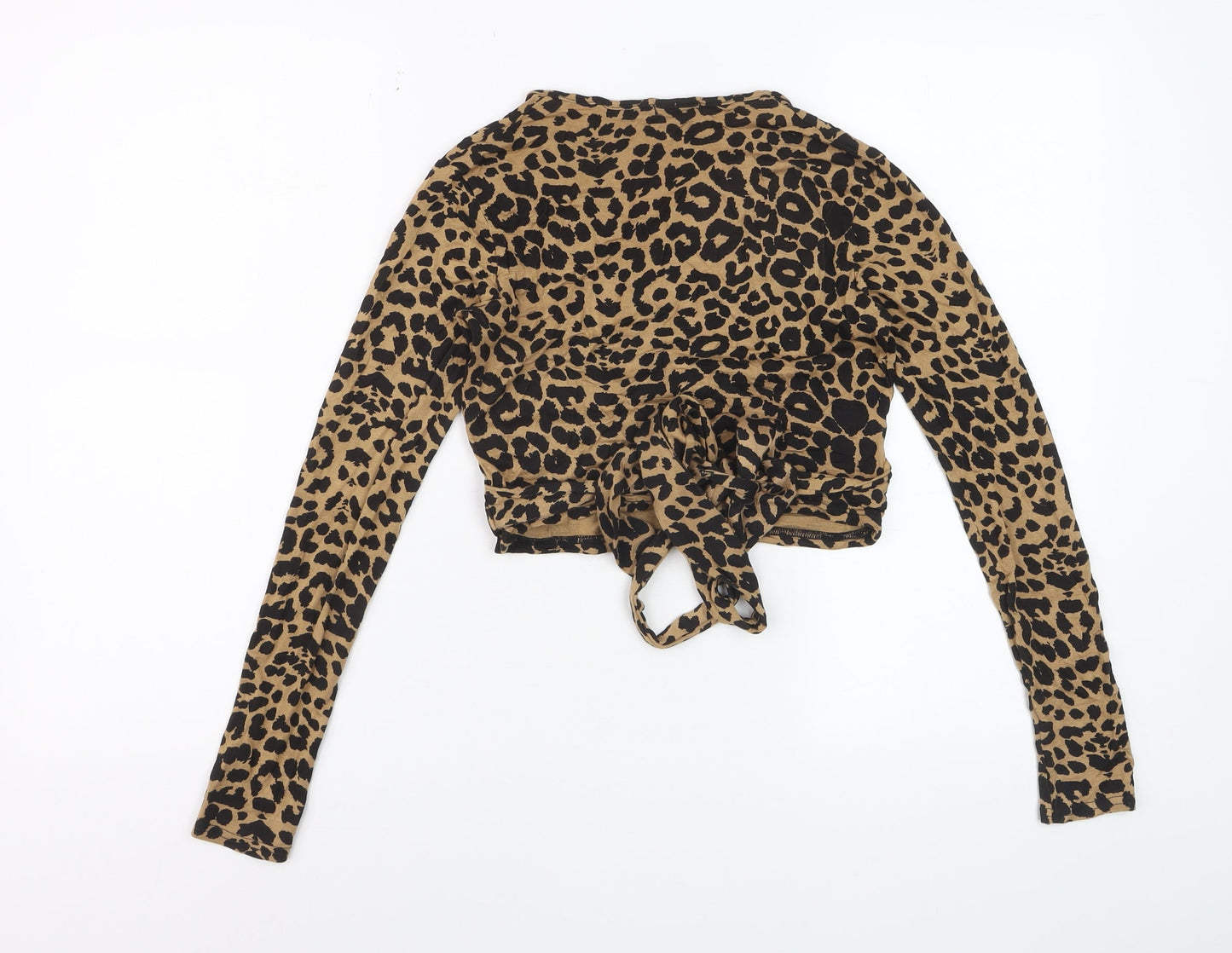 Nasty Gal Women’s Brown Leopard Print Cropped V-Neck Long Sleeve Top Size 8