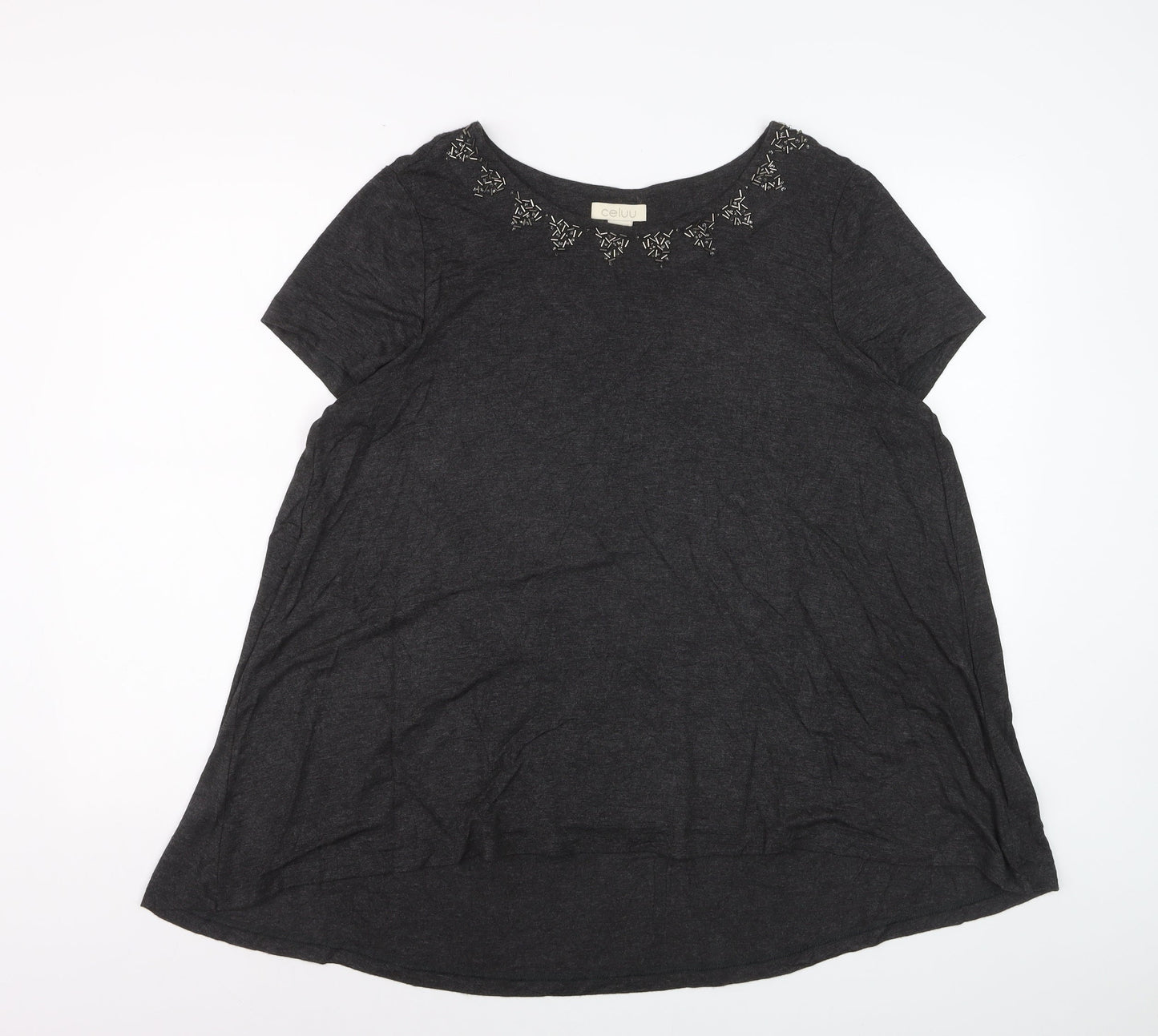 Celuu Women's Black Beaded Crew Neck Short Sleeve Jersey Top Size 16