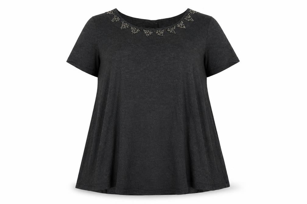 Celuu Women's Black Beaded Crew Neck Short Sleeve Jersey Top Size 16