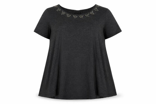 Celuu Women's Black Beaded Crew Neck Short Sleeve Jersey Top Size 16